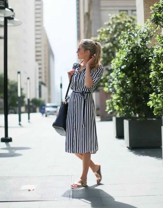Navy and White Striped A-Line Shirt Dress With Gold Flat Sandals — Simple Shirt Dresses