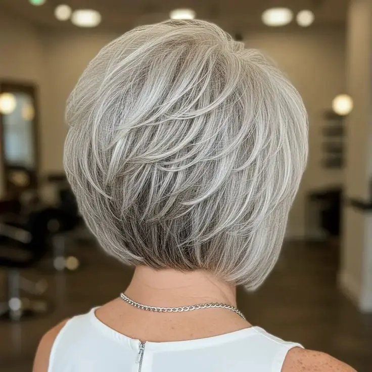 Neck Length Stacked Bob With Silver Gray Color Neck Length Stacked Bob With Silver Gray Color — Simple Short Bob Hairstyles