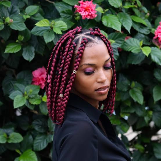 Burgundy Collarbone Bob With Box Braids, Straight — Simple Short Braids