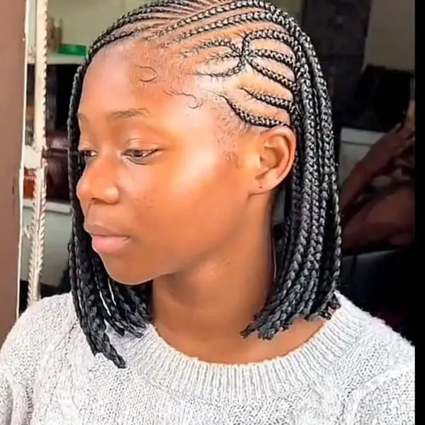 Black Collarbone Bob With Geometric Braids, Middle — Simple Short Braids