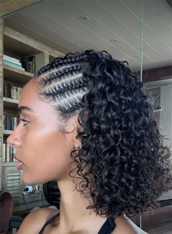 Dark Brown Bob With Side Cornrows and Curls, Close-Up Take — Simple Short Braids