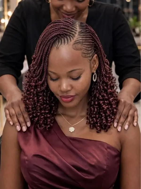 Bob With Dark Red Braids and Curly Ends — Simple Short Braids