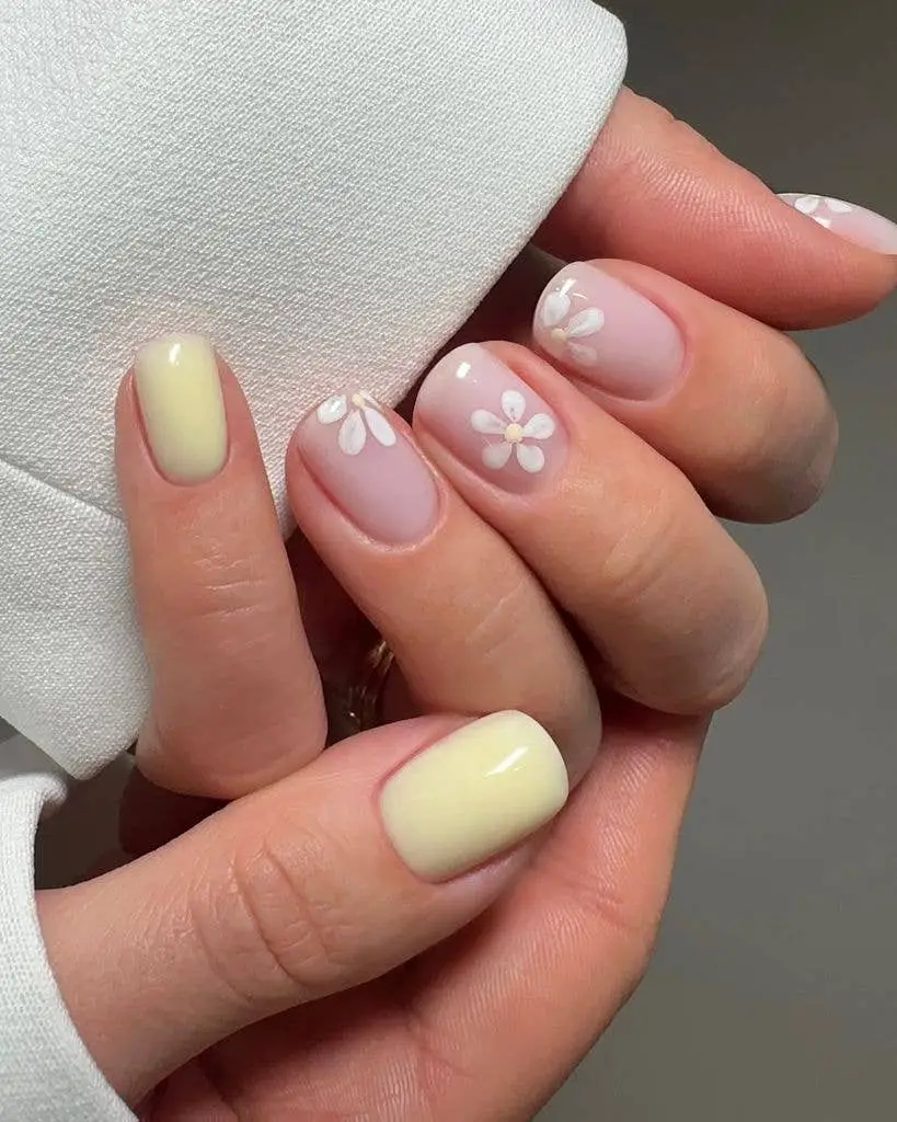 Pale Yellow and Floral Short Square Nails — Simple Short Classy Nails