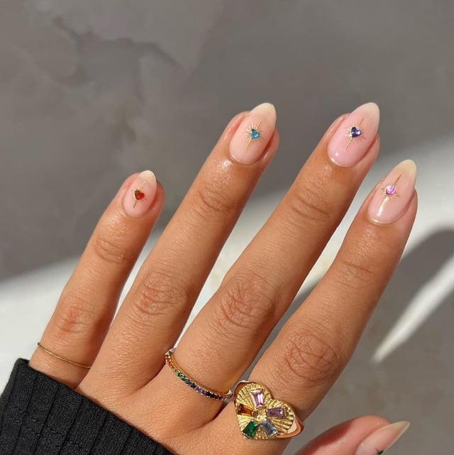Crystal Heart Accent Sheer Pink Almond Nails — Simple Short Classy Nails