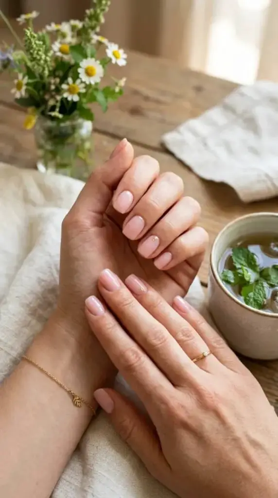 Tiny Rhinestone Accent Milky Pink Short Almond Nails — Simple Short Classy Nails