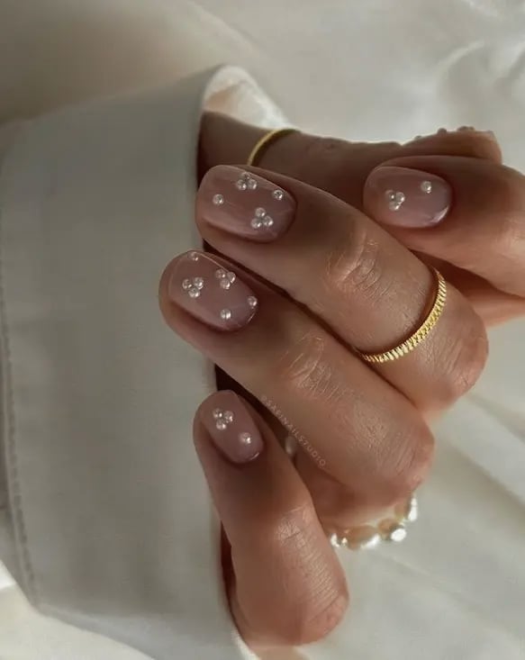 Pearl Embellished Sheer Nude Short Almond Nails — Simple Short Classy Nails