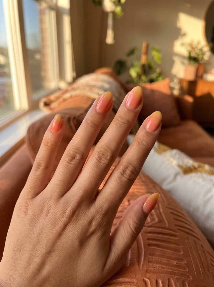 Peachy Pink to Yellow Ombre Short Almond Nails — Simple Short Classy Nails