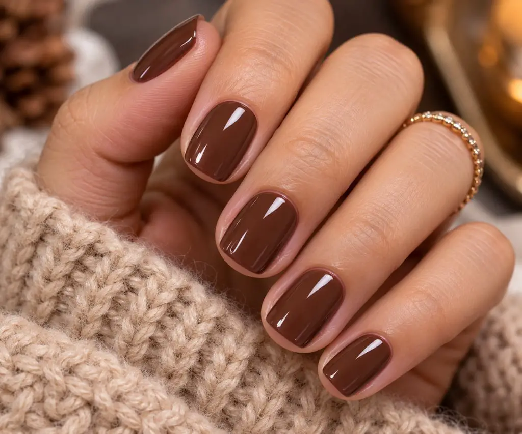 Opaque Dark Brown Glossy Short Square Nails — Simple Short Classy Nails