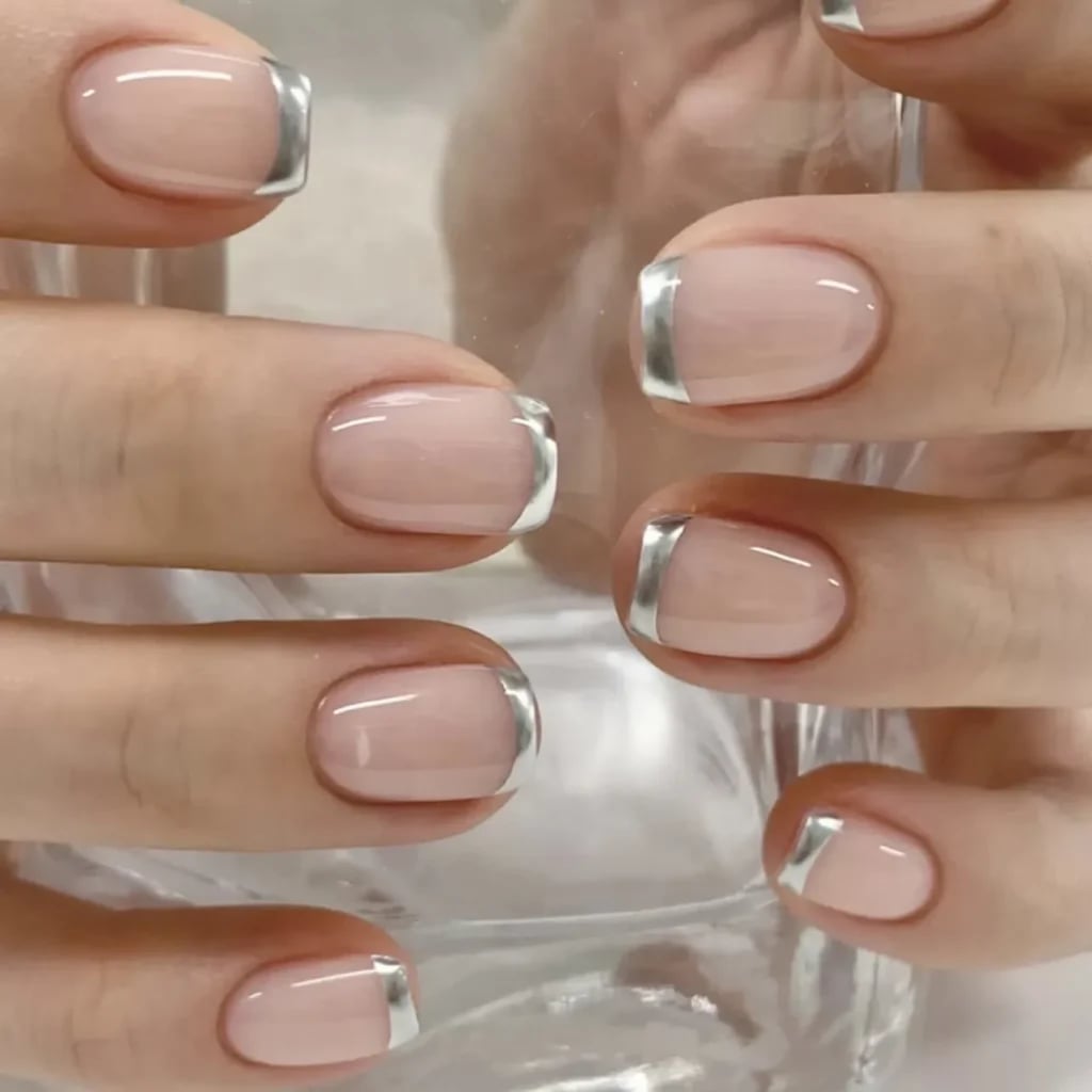 Metallic Silver French Tip Short Square Nails — Simple Short French Tip Nails