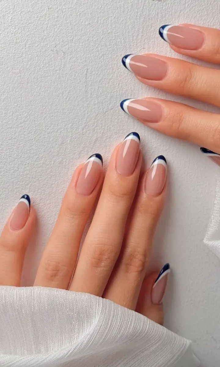 Dark Blue and White Border French Tip Medium Almond Nails — Simple Short French Tip Nails