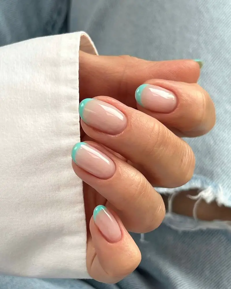 Vibrant Turquoise French Tip Short Almond Nails — Simple Short French Tip Nails