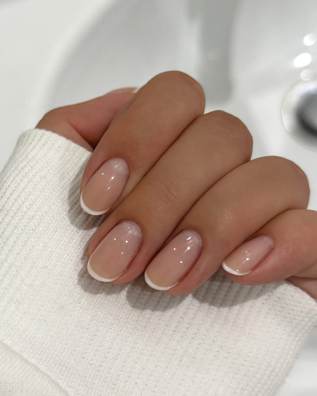 Floral French Tip Medium Almond Pearlescent Nails — Simple Short French Tip Nails