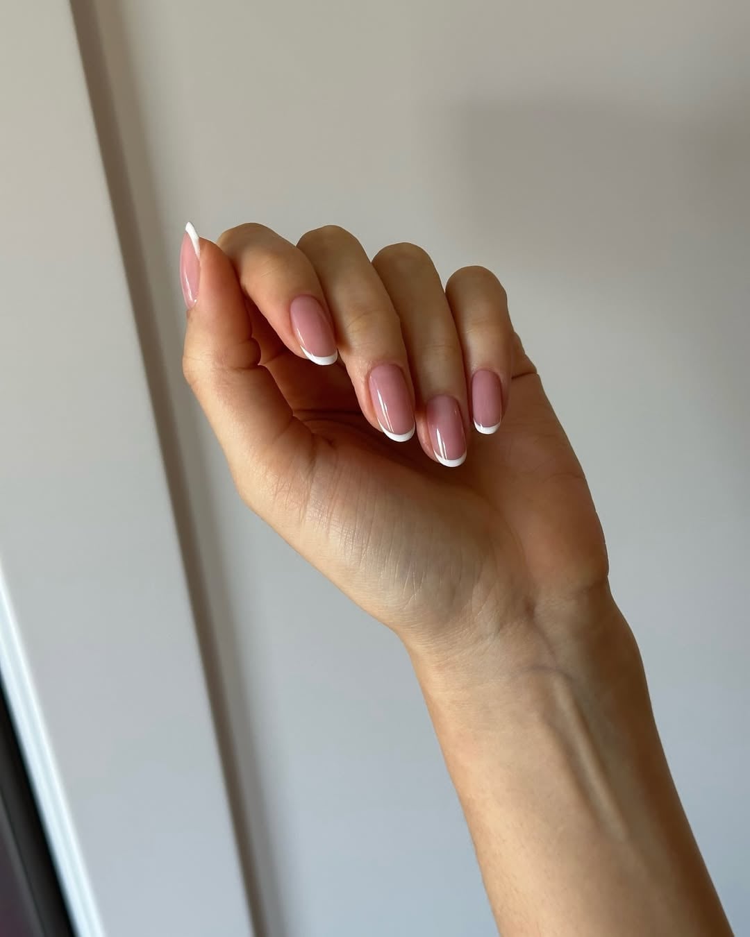 Floral French Tip Medium Almond Pearlescent Nails, Close-Up Take — Simple Short French Tip Nails