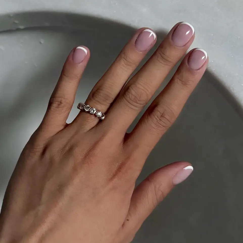 Fine White Micro French Pink Oval Nails — Simple Short French Tip Nails