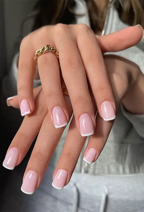 Thin White French Tip Soft Square Pink Nails With мягкий квадрат — Simple Short French Tip Nails