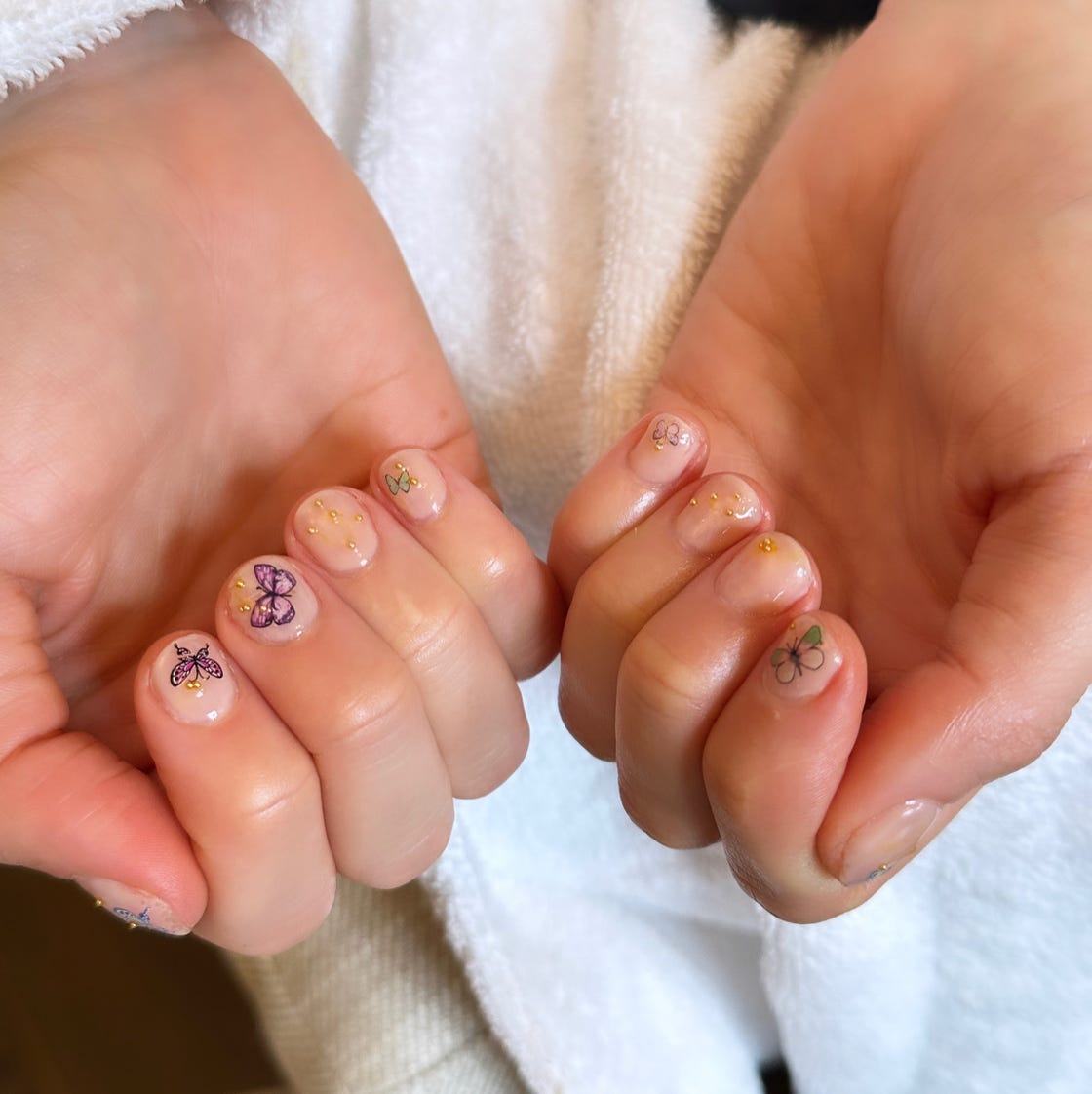 Sheer Nude Short Almond With Gold Dots and Butterflies Sheer Nude Short Almond With Gold Dots and Butterflies — Simple Short Nail Art