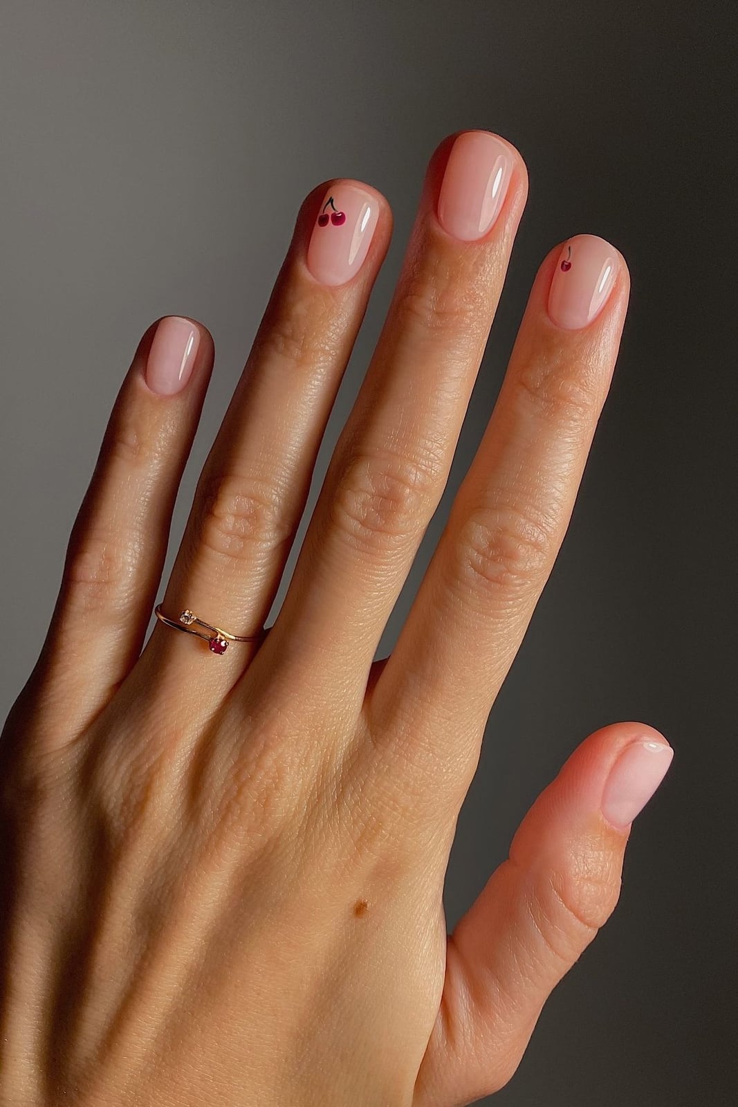 Milky Pink Short Soft Square With Tiny Cherries Milky Pink Short Soft Square With Tiny Cherries — Simple Short Nail Art