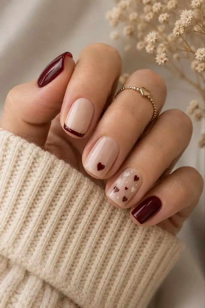 Short Square Nails With Burgundy Accents and Hearts Short Square Nails With Burgundy Accents and Hearts — Simple Short Nail Art