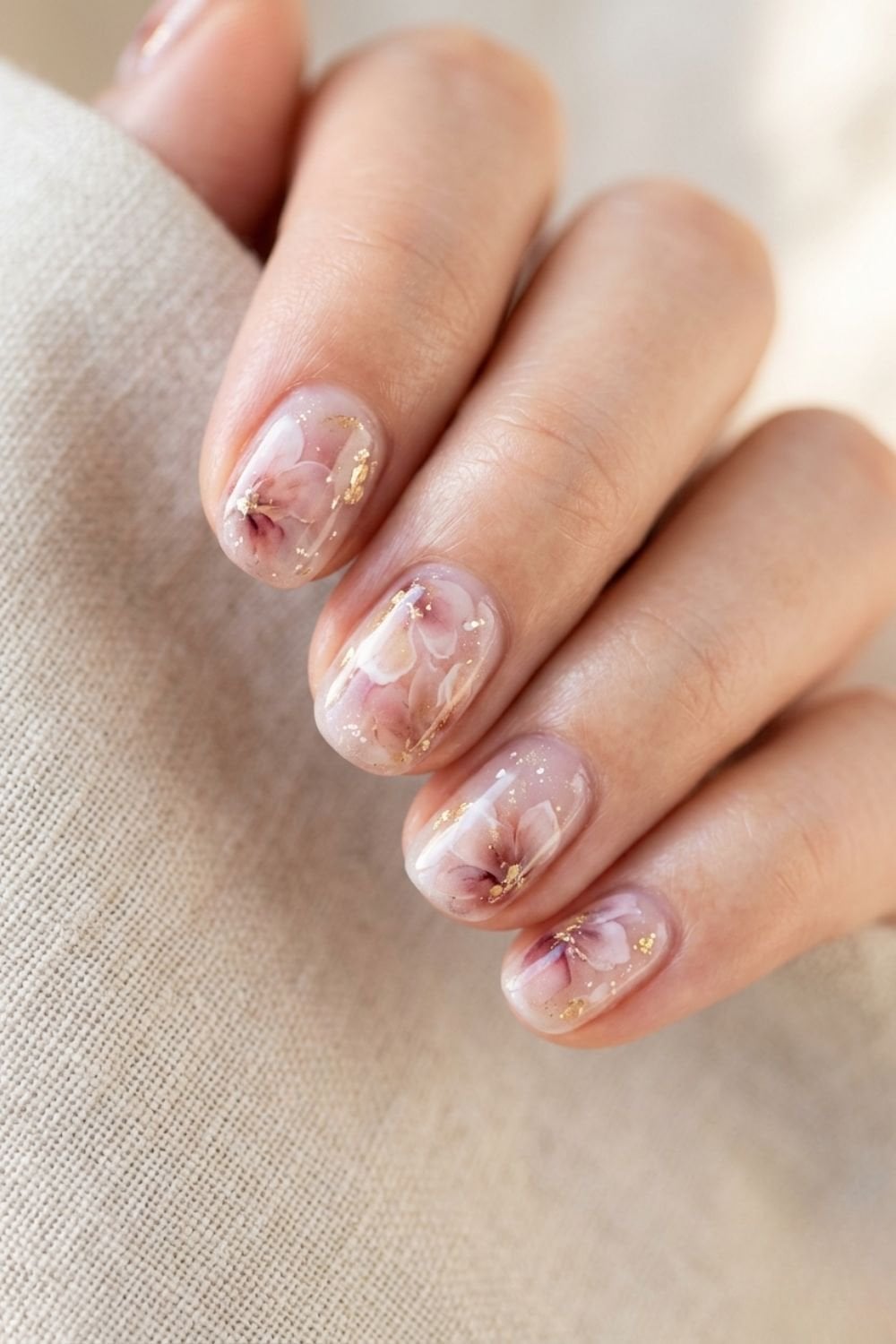 Sheer Nude Short Almond With Painterly Florals and Gold Leaf Sheer Nude Short Almond With Painterly Florals and Gold Leaf — Simple Short Nail Art