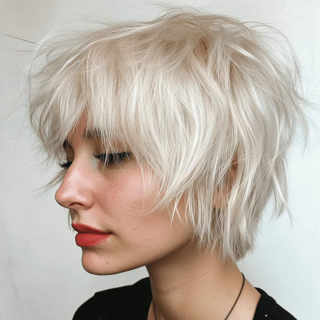 Platinum Blonde Shag Ear To Chin Length Platinum Blonde Shag Ear To Chin Length — Simple Short Shag