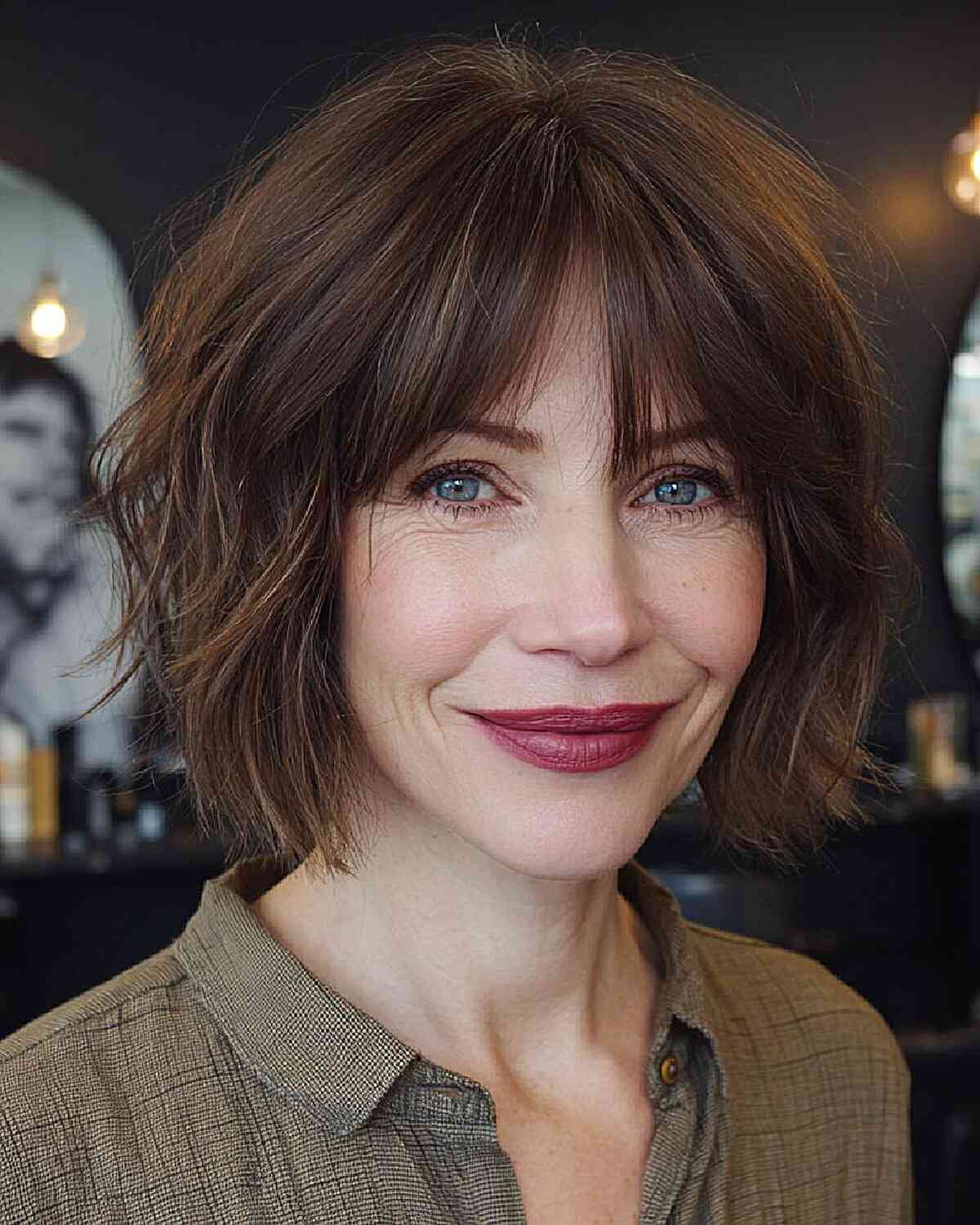 Chin Length Shag With Piecey Bangs Chin Length Shag With Piecey Bangs — Simple Short Shag