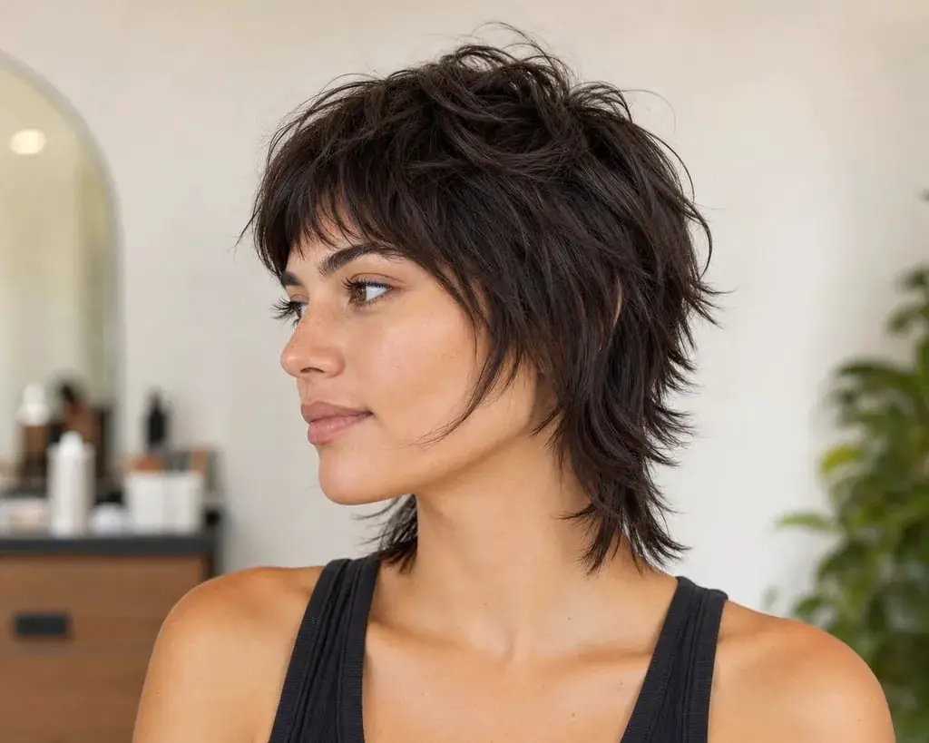 Short Dark Brown Shag With Short Choppy Bangs — Simple Short Wolf Cut