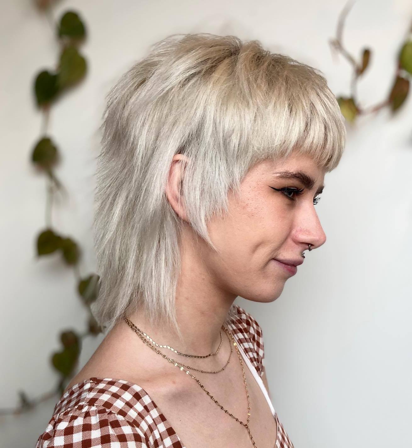 Platinum Blonde Short Wolf Cut With Choppy Bangs — Simple Short Wolf Cut