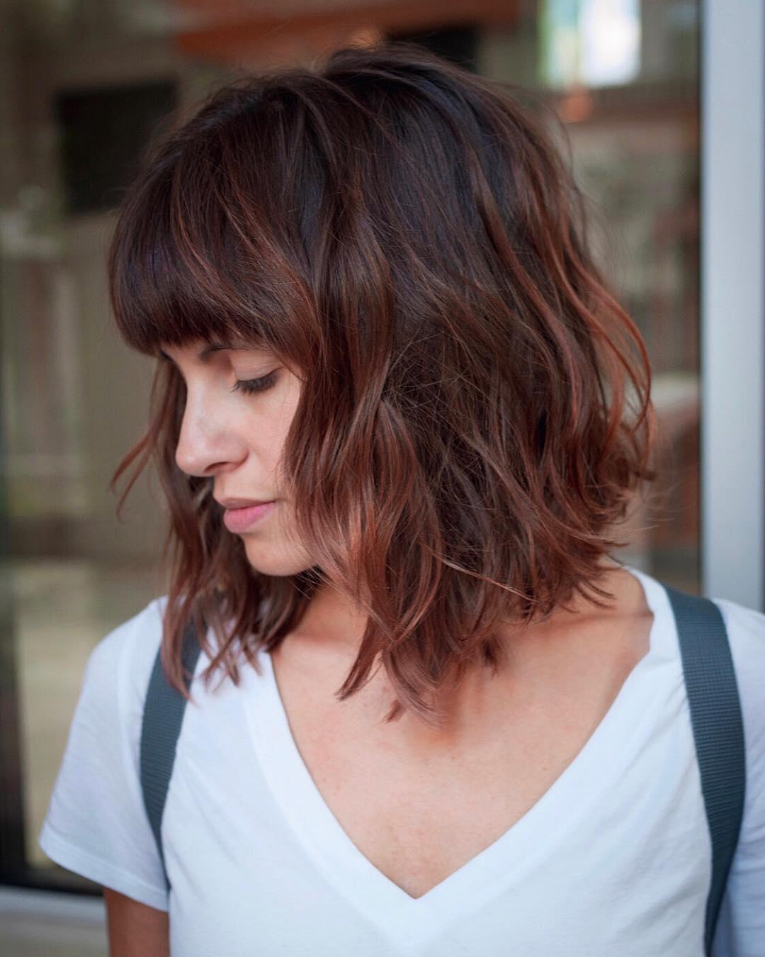 Shoulder Length Dark Brown With Short Bangs Shoulder Length Dark Brown With Short Bangs — Simple Shoulder Length Haircuts