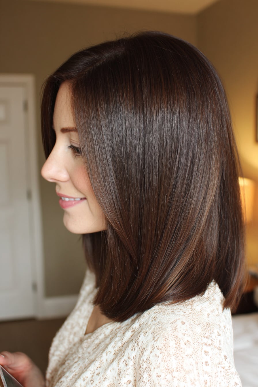 Dark Brown Collarbone Layered Straight Dark Brown Collarbone Layered Straight — Simple Shoulder Length Haircuts