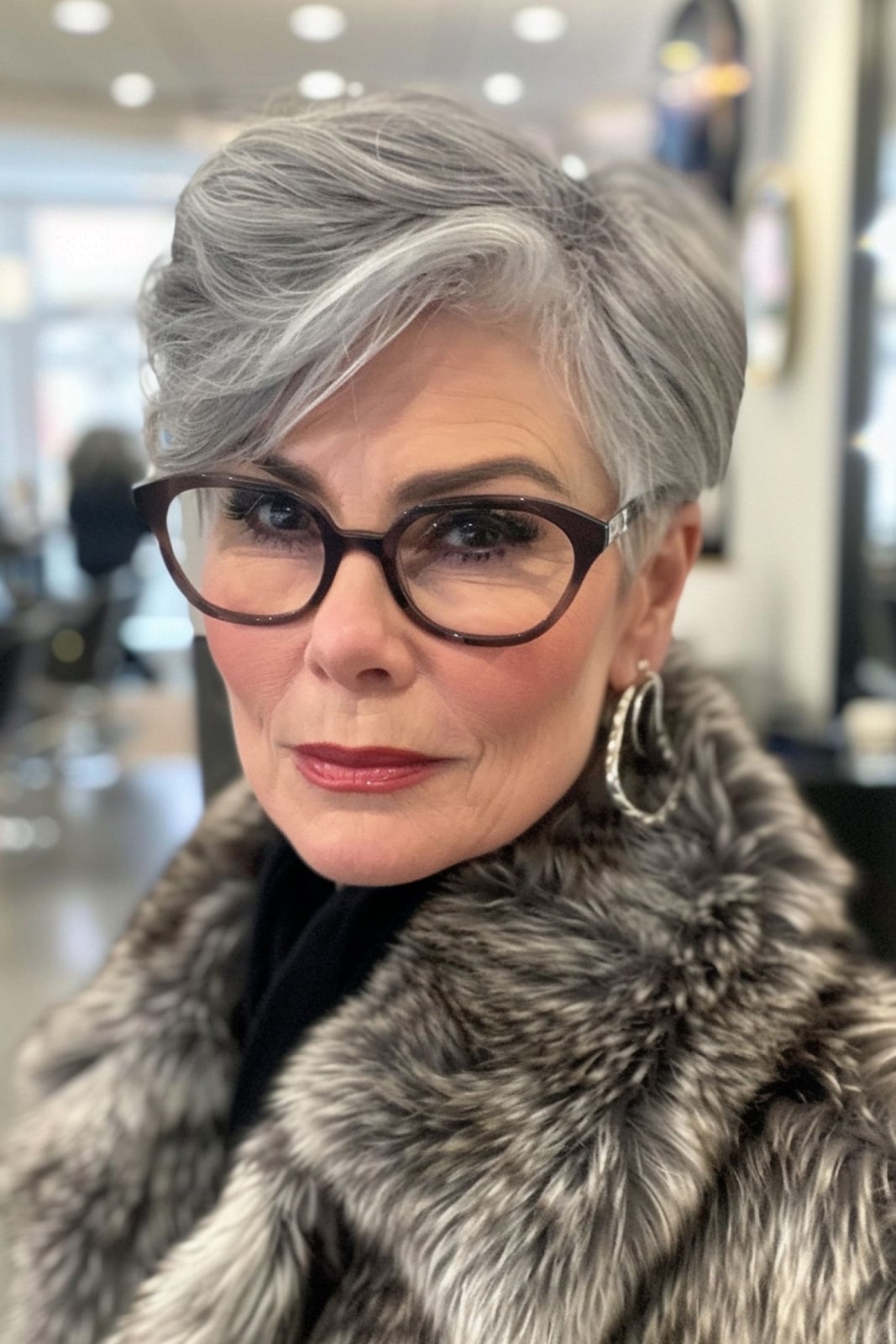 Gray Fur Coat Black Turtleneck Side Part Gray Fur Coat Black Turtleneck Side Part — Simple Side Part