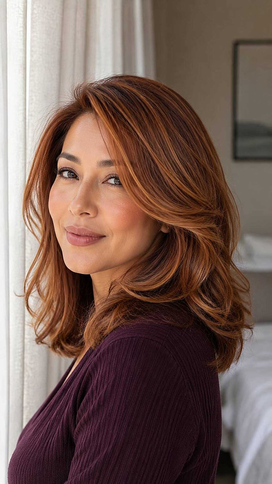 Deep Red Knit Top Fitted Side Part Deep Red Knit Top Fitted Side Part — Simple Side Part