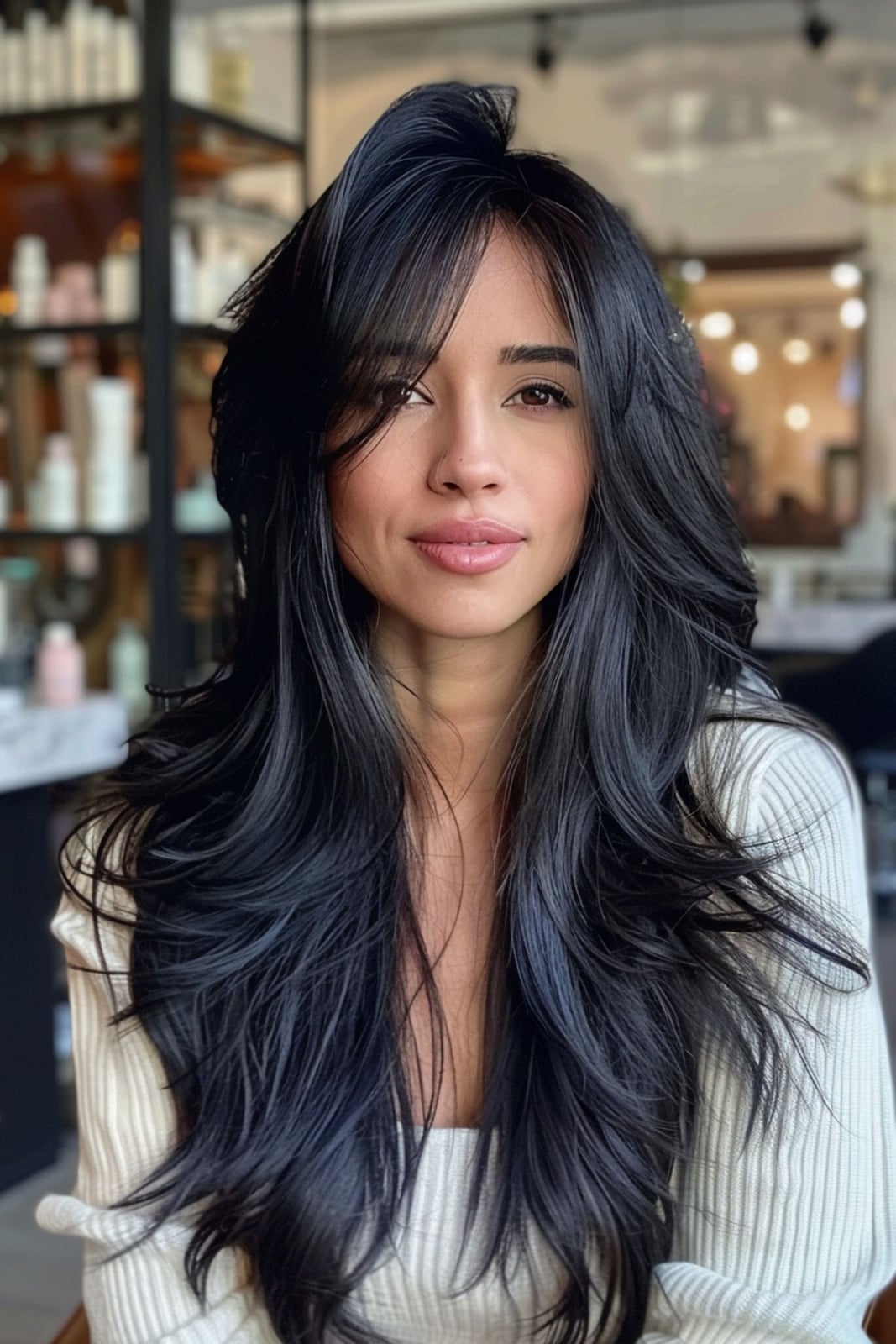 Long Layered Hair With Loose Waves Long Layered Hair With Loose Waves — Simple Side Part Bangs