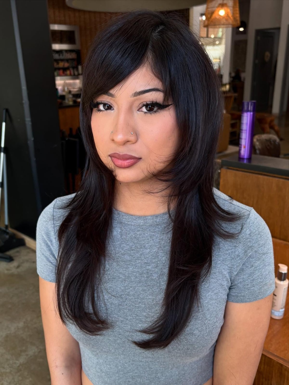 Shag With Long Wispy Side Swept Bangs Shag With Long Wispy Side Swept Bangs — Simple Side Part Bangs