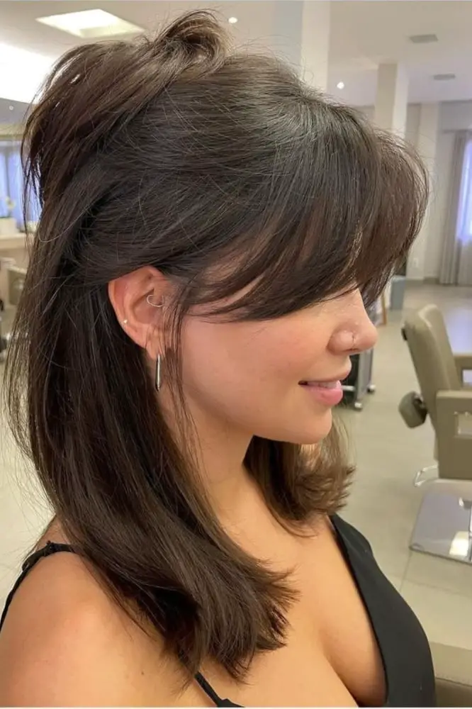 Layered Lob Half-Up Style Layered Lob Half-Up Style — Simple Side Part Bangs