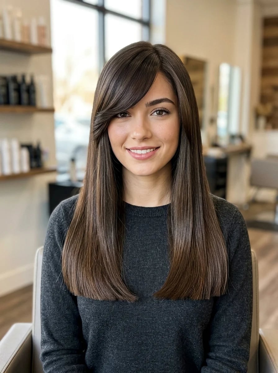 Long Layers With Side Swept Bangs Long Layers With Side Swept Bangs — Simple Side Part Bangs