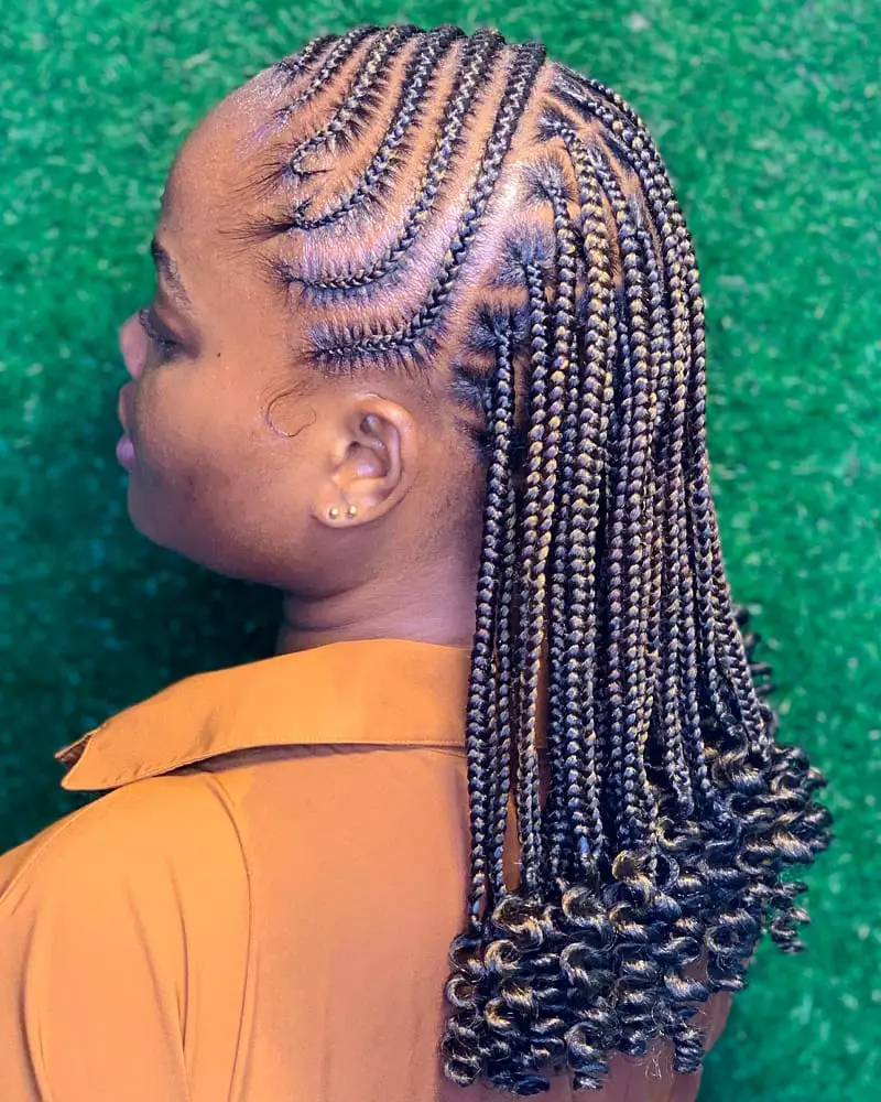 Black Braids With Curly Ends Mid-Back — Simple Side Part Braids
