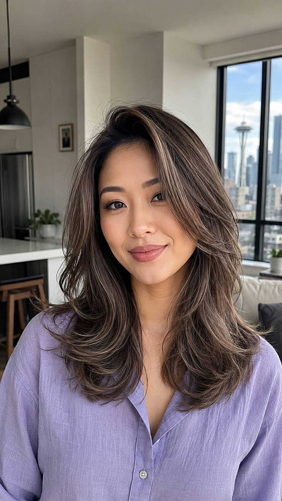 Collarbone Layers Dark Brown With Blonde Highlights — Simple Side Part Hairstyles