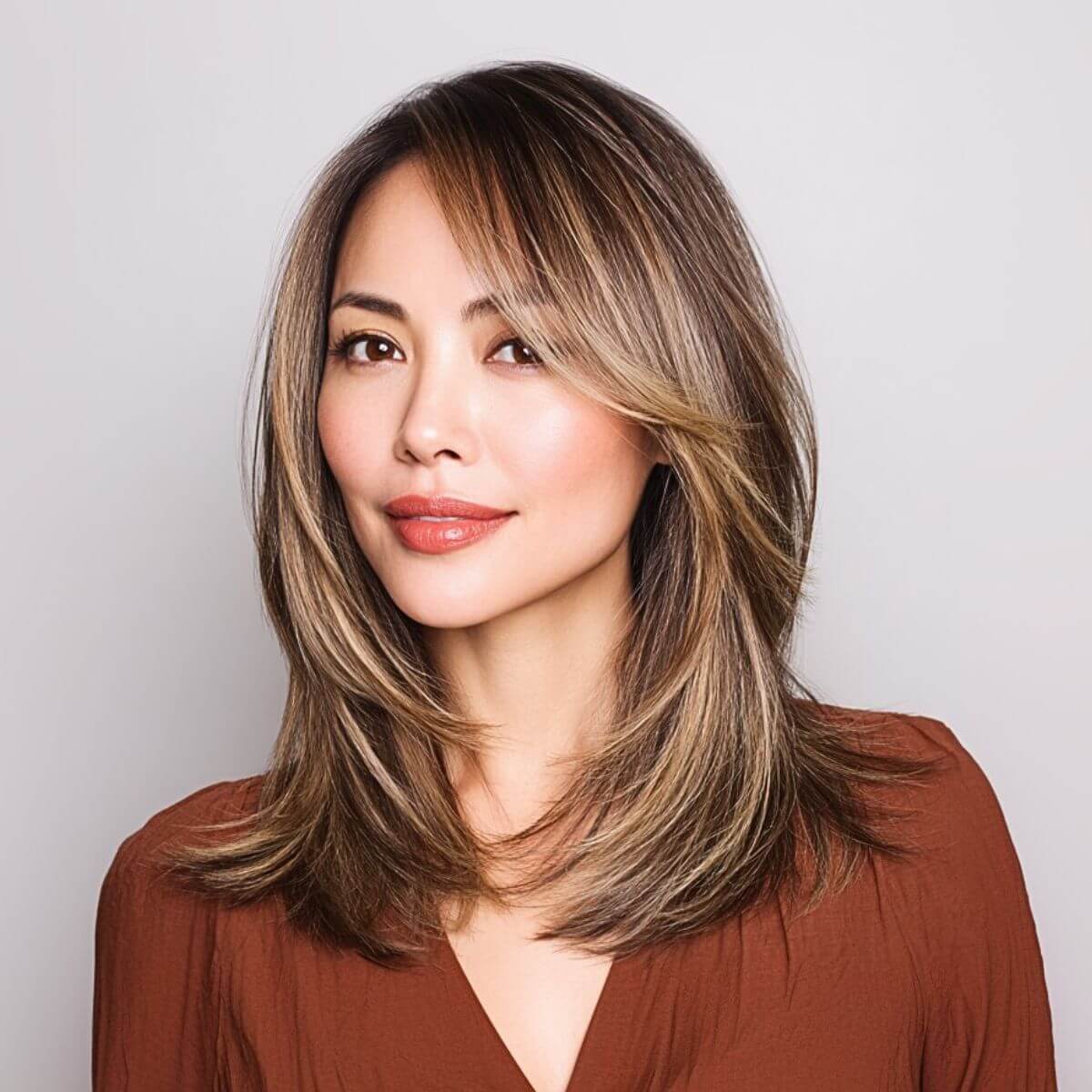 Dark Brown Collarbone Lob With Balayage Dark Brown Collarbone Lob With Balayage — Simple Side Swept Bangs
