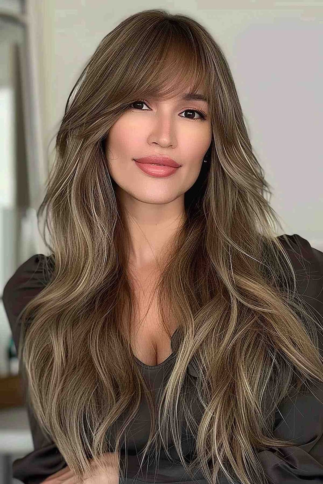 Mid-Back Ash Brown With Blonde Highlights, Close-Up Take Mid-Back Ash Brown With Blonde Highlights, Close-Up Take — Simple Side Swept Bangs