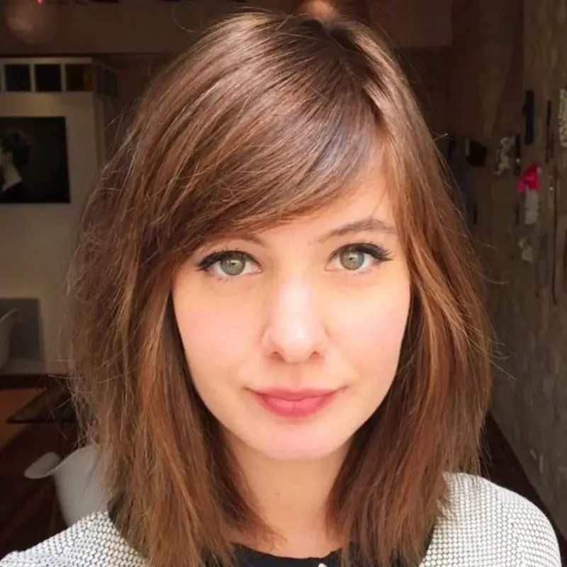 Medium Brown Chin Bob With Swept Bangs Medium Brown Chin Bob With Swept Bangs — Simple Side Swept Bangs
