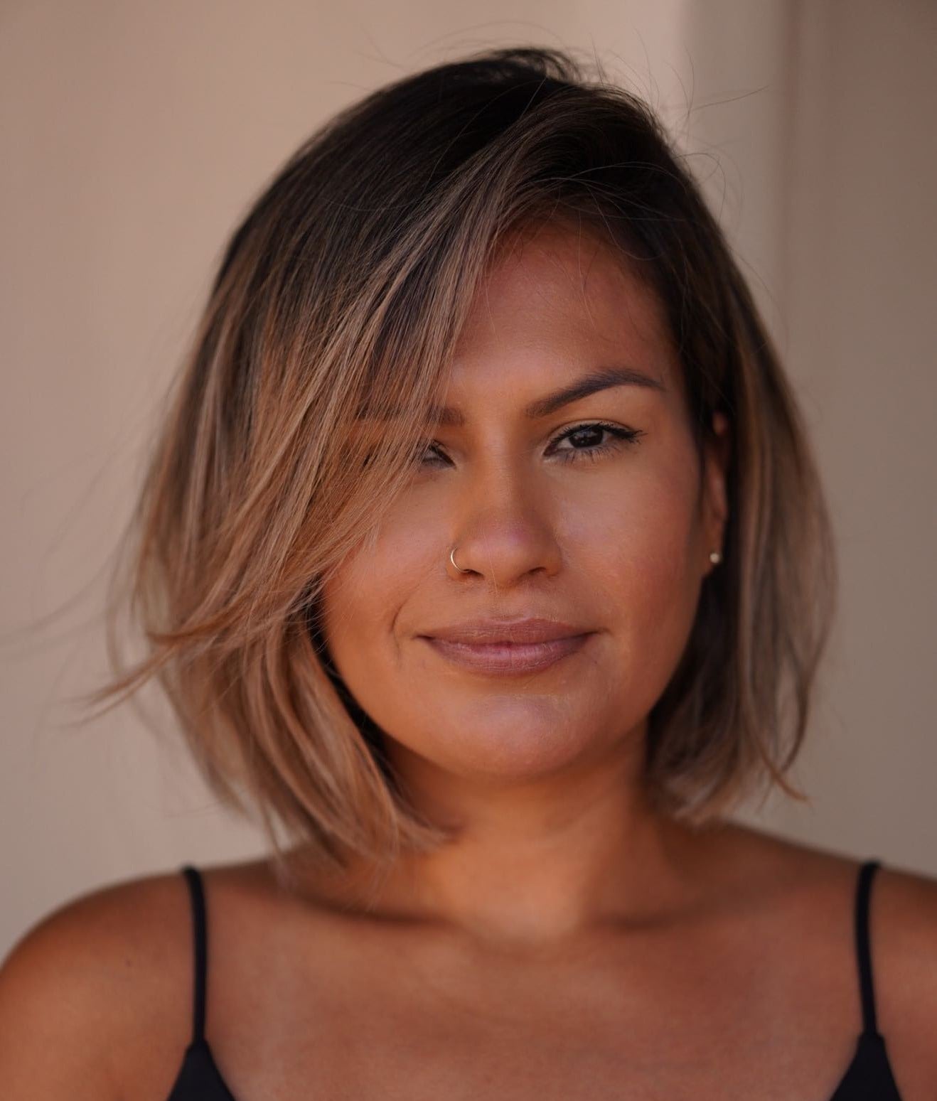 Dark Brown Bob With Balayage And Swept Bangs, Chin Dark Brown Bob With Balayage And Swept Bangs, Chin — Simple Side Swept Bangs
