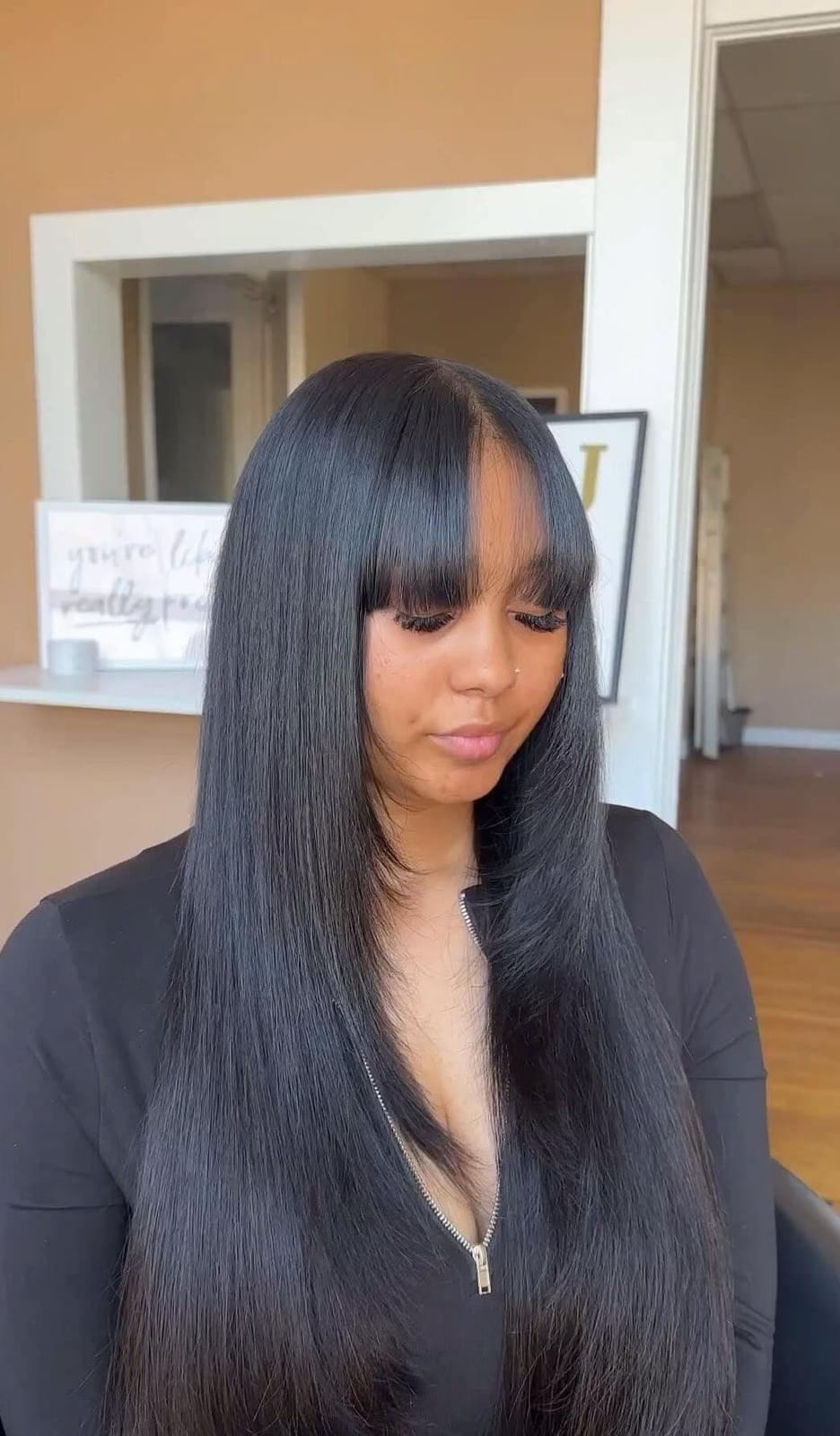 Thick Black Mid-Back Blowout Face Framing — Simple Silk Press Hairstyles