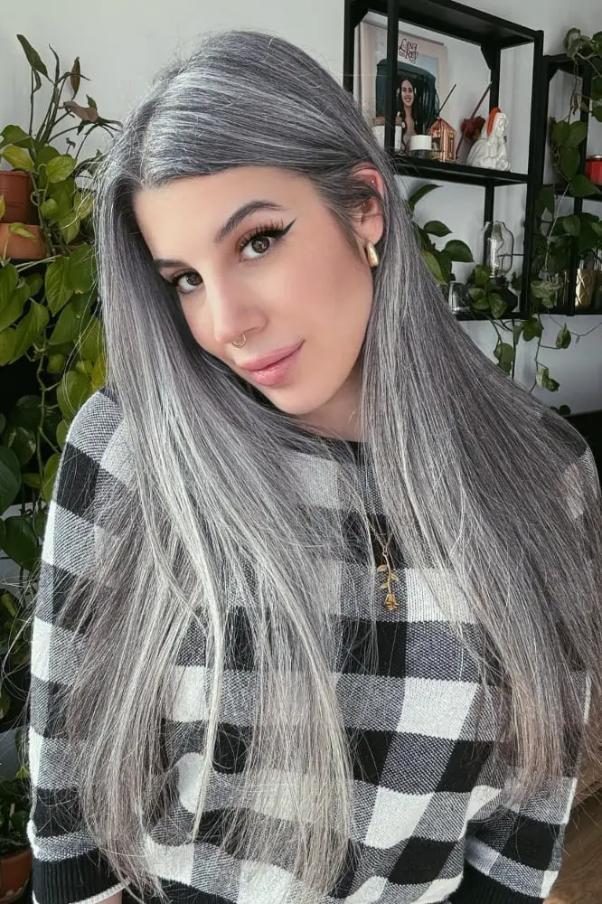 Mid-Back Blowout With Silver Highlights and Curtain Bangs — Simple Silver Highlights