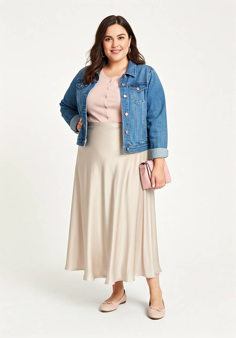 Beige Satin Midi Skirt Ensemble Beige Satin Midi Skirt Ensemble — Simple Skirt Outfit Plus Size