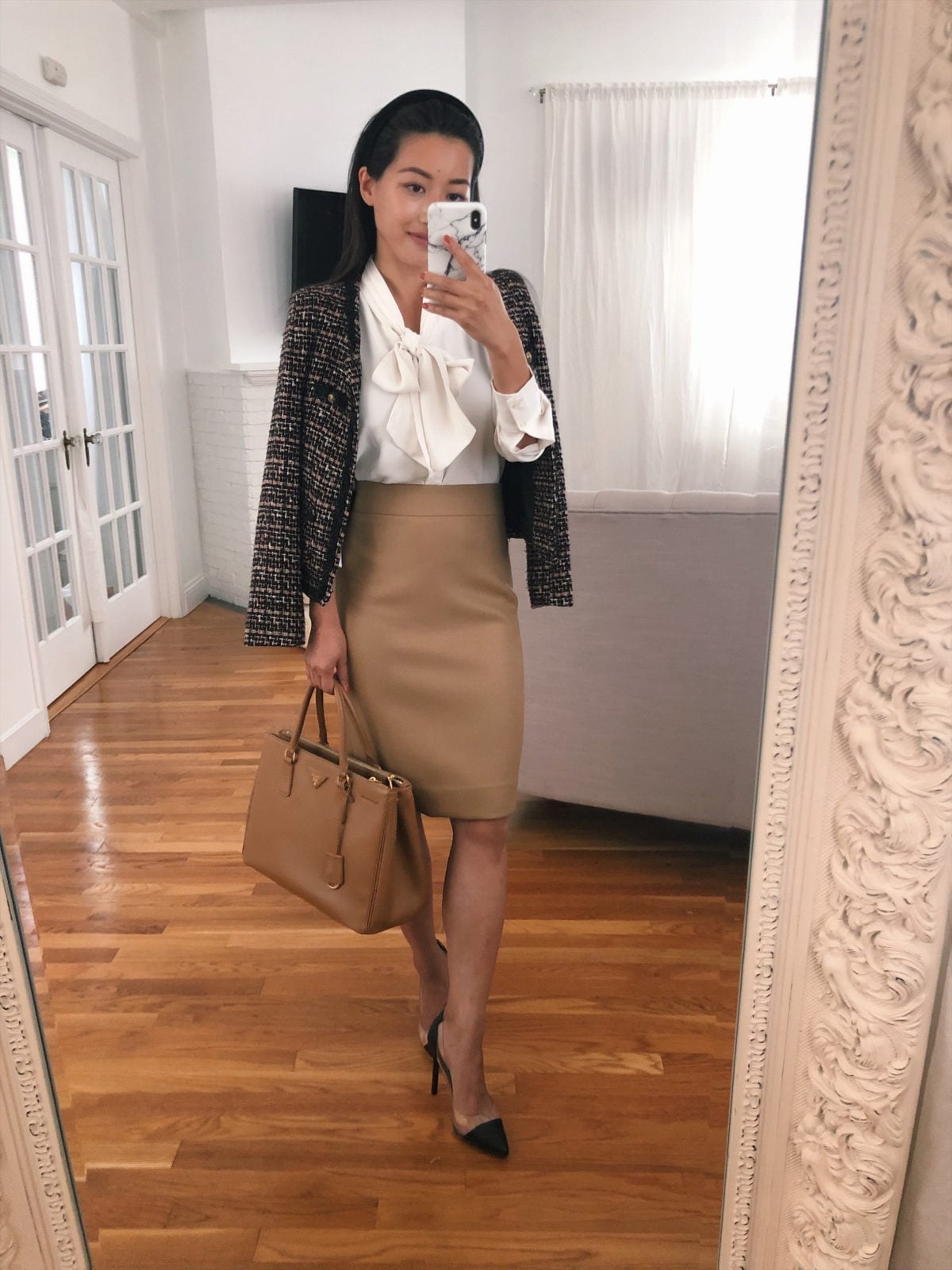 Beige Pencil Skirt with Tweed Blazer Beige Pencil Skirt with Tweed Blazer — Simple Skirt Outfit Work