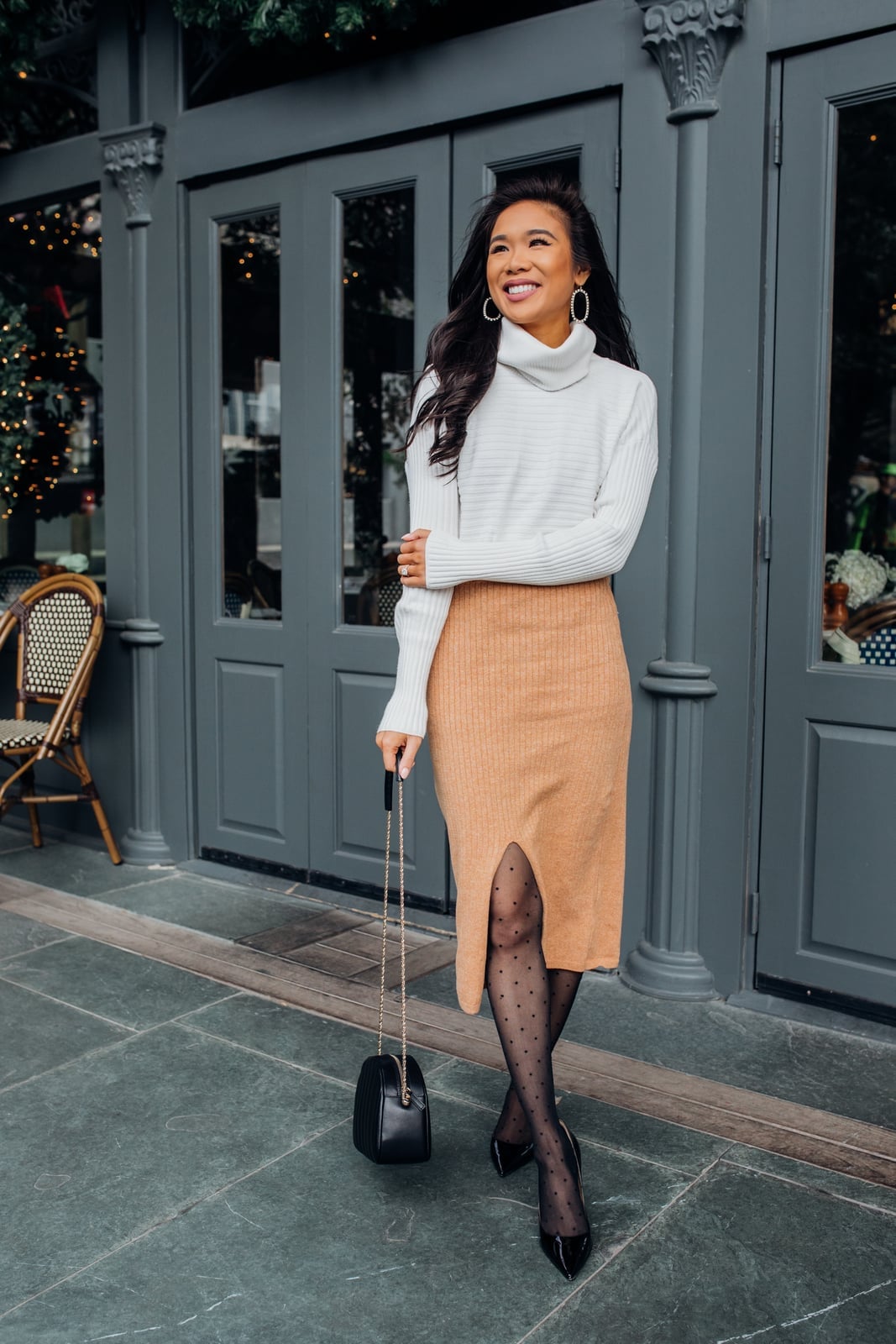 Ribbed Knit Skirt with Turtleneck and Polka Dot Tights Ribbed Knit Skirt with Turtleneck and Polka Dot Tights — Simple Skirt Outfit Work