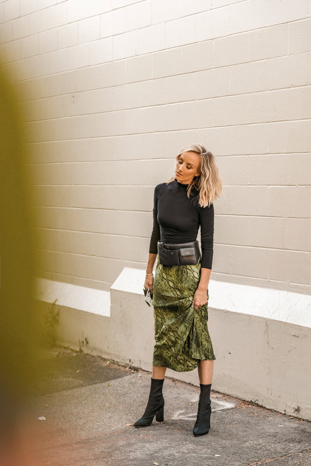 Green Snake Print Skirt with Turtleneck and Sock Boots Green Snake Print Skirt with Turtleneck and Sock Boots — Simple Skirt Outfit Work