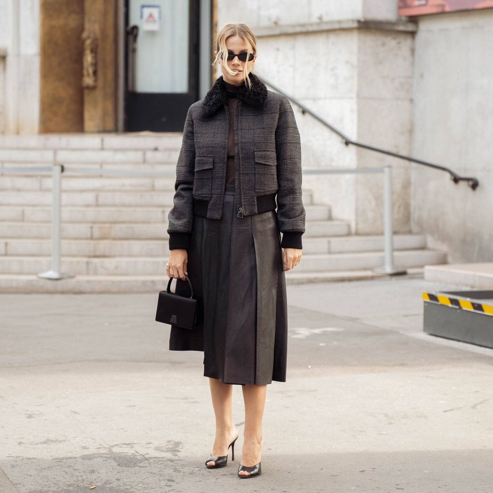 Plaid Bomber Jacket and Leather Midi Skirt Plaid Bomber Jacket and Leather Midi Skirt — Simple Skort Outfits