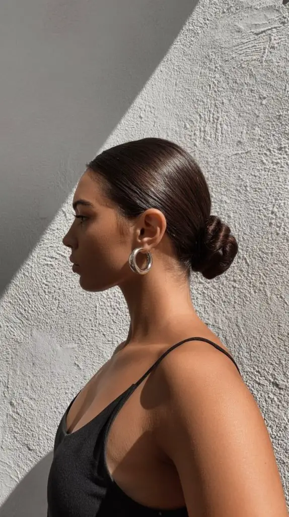 Black Spaghetti Strap Top with Large Hoop Earrings, Updo Black Spaghetti Strap Top with Large Hoop Earrings, Updo — Simple Slicked Back