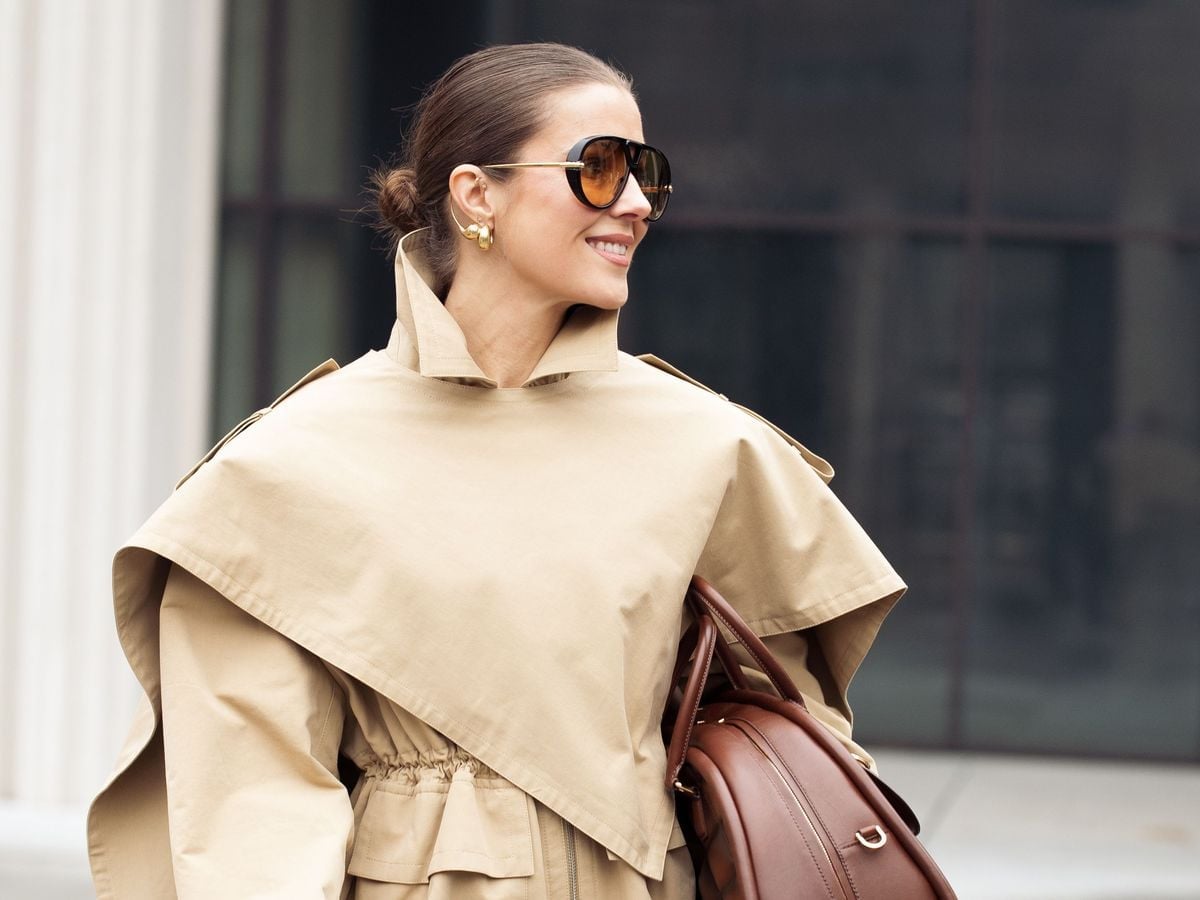 Structured Beige Trench Coat with Oversized Sunglasses Structured Beige Trench Coat with Oversized Sunglasses — Simple Slicked Back